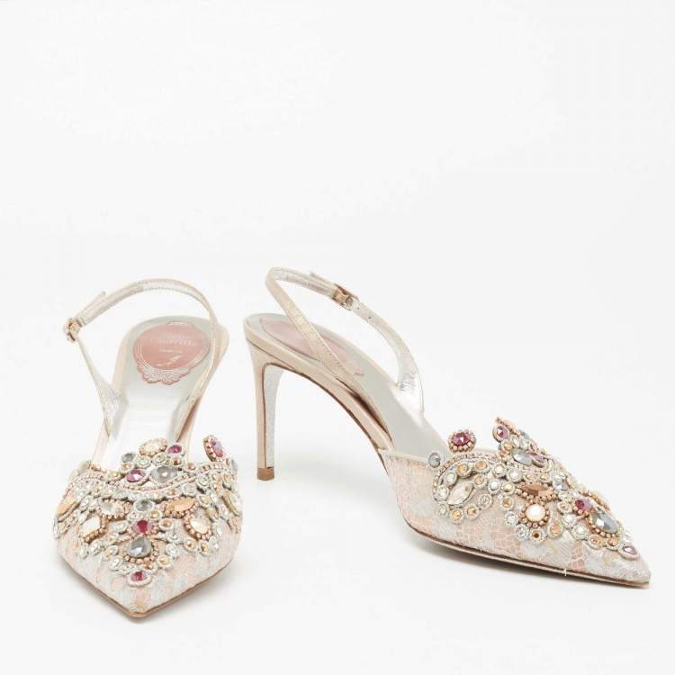 Pre Owned René Caovilla Golden Lace And Leather Crystals Embellished Veneziana Slingback Pumps Size 38