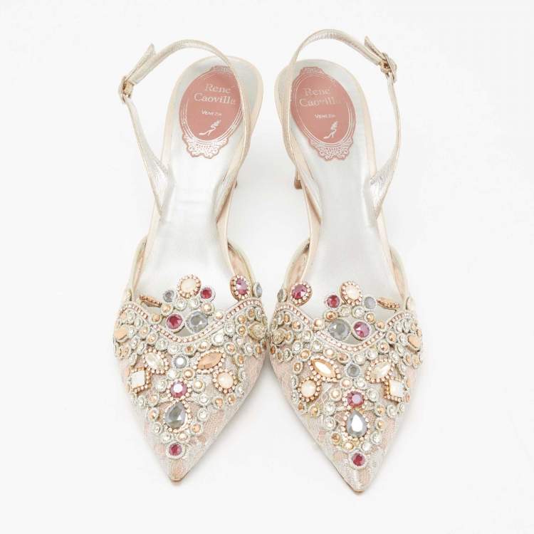 Pre Owned René Caovilla Golden Lace And Leather Crystals Embellished Veneziana Slingback Pumps Size 38
