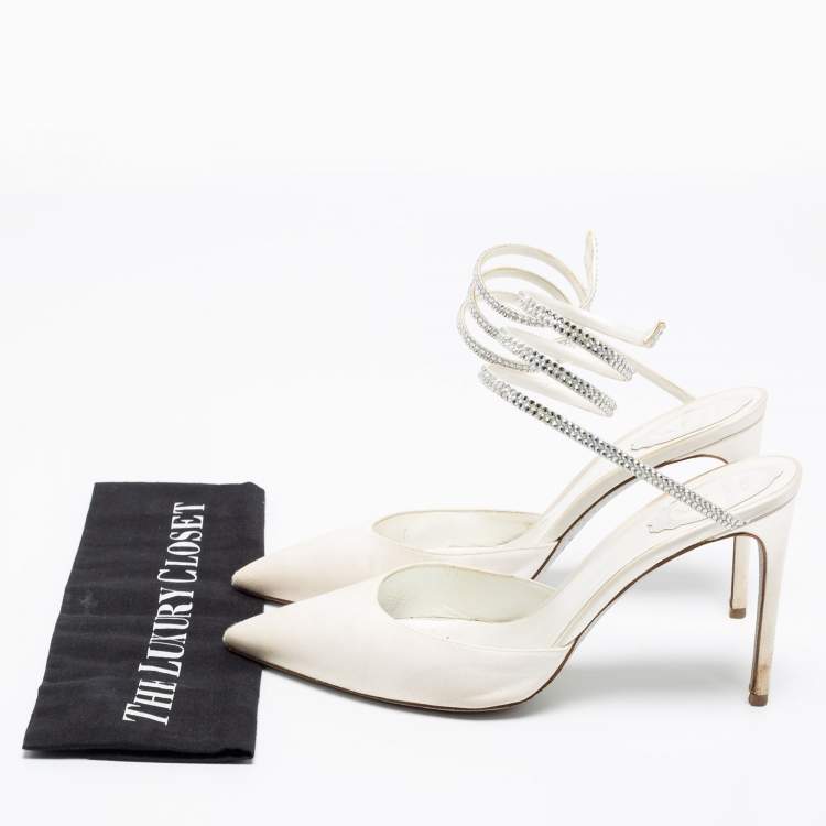 Pre Owned René Caovilla White  Satin Crystal Embellished Ankle Wrap Sandals  Size 41 