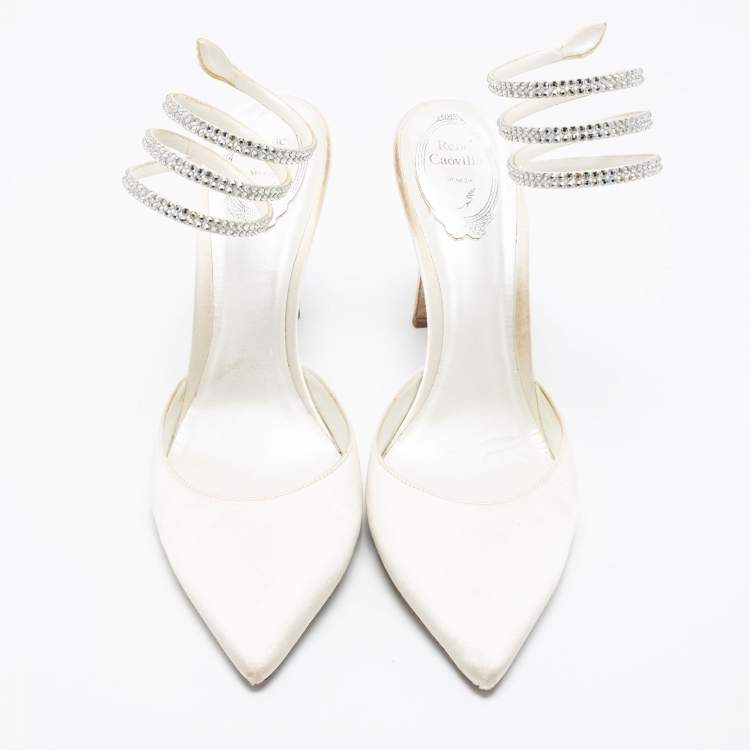 Pre Owned René Caovilla White  Satin Crystal Embellished Ankle Wrap Sandals  Size 41 