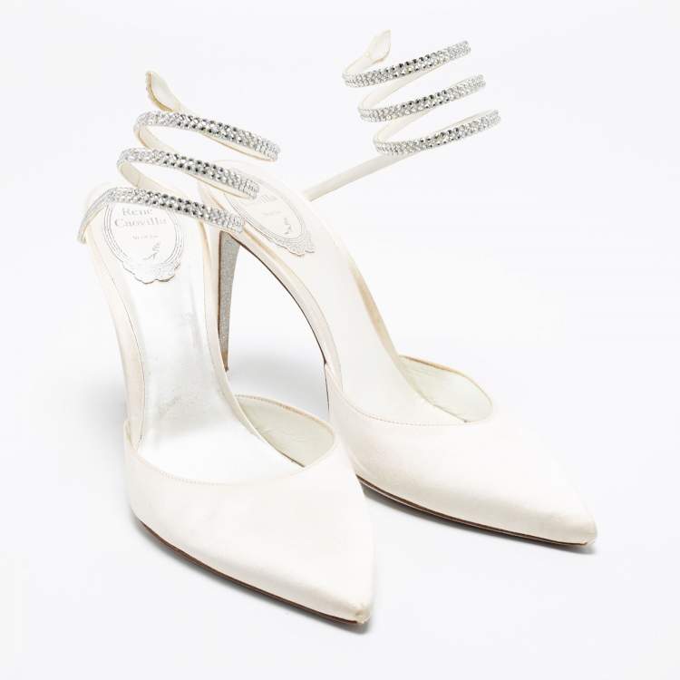 Pre Owned René Caovilla White  Satin Crystal Embellished Ankle Wrap Sandals  Size 41 