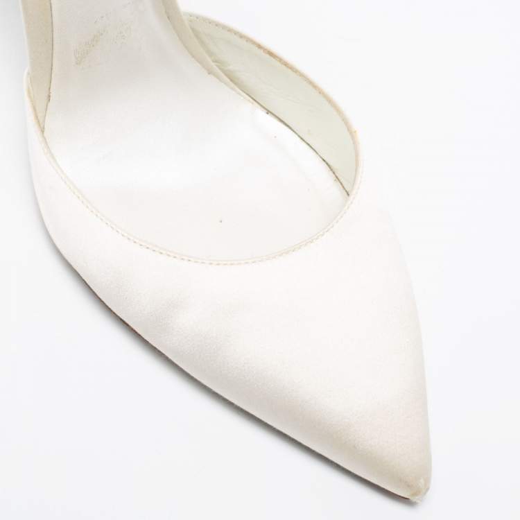 Pre Owned René Caovilla White  Satin Crystal Embellished Ankle Wrap Sandals  Size 41 