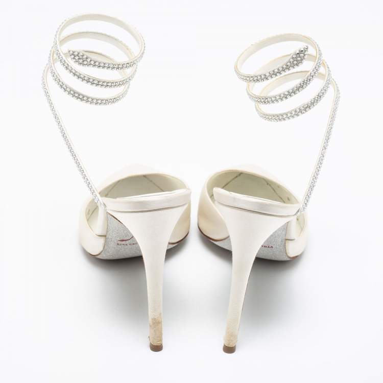 Pre Owned René Caovilla White  Satin Crystal Embellished Ankle Wrap Sandals  Size 41 