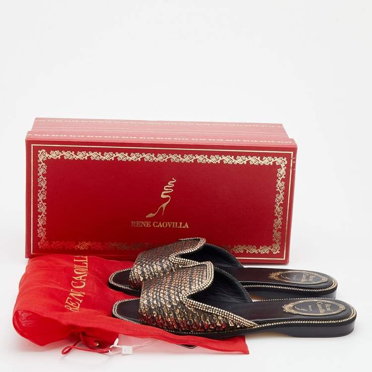 Pre Owned René Caovilla Metallic Copper/Black Python Crystal Embellished Flat Slide Size 36