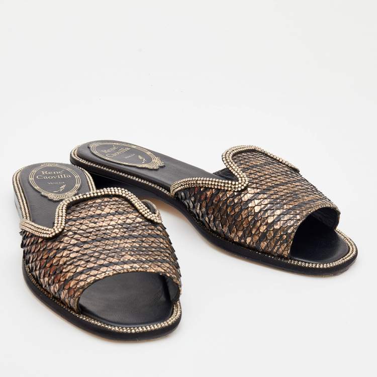 Pre Owned René Caovilla Metallic Copper/Black Python Crystal Embellished Flat Slide Size 36