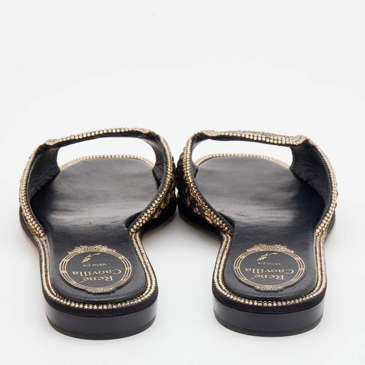 Pre Owned René Caovilla Metallic Copper/Black Python Crystal Embellished Flat Slide Size 36