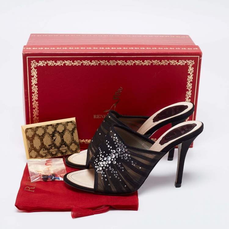 Pre Owned Rene Caovilla Black  Fabric And Mesh Chiffon Crystal Embellished Slide Sandals Size  37