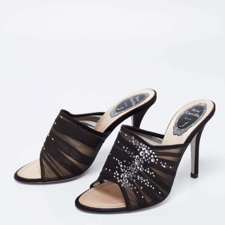 Pre Owned Rene Caovilla Black  Fabric And Mesh Chiffon Crystal Embellished Slide Sandals Size  37