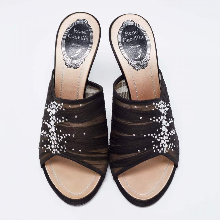 Pre Owned Rene Caovilla Black  Fabric And Mesh Chiffon Crystal Embellished Slide Sandals Size  37