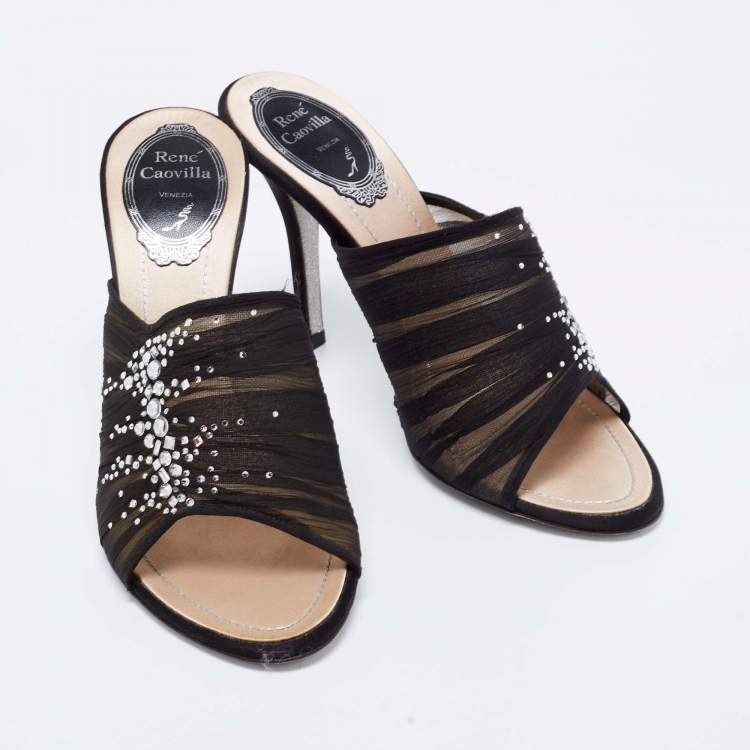 Pre Owned Rene Caovilla Black  Fabric And Mesh Chiffon Crystal Embellished Slide Sandals Size  37