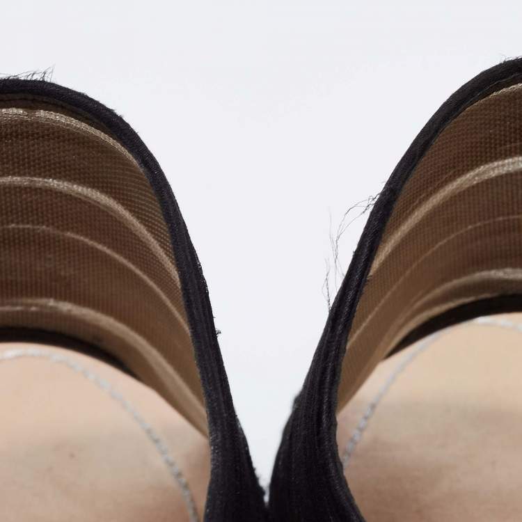 Pre Owned Rene Caovilla Black  Fabric And Mesh Chiffon Crystal Embellished Slide Sandals Size  37
