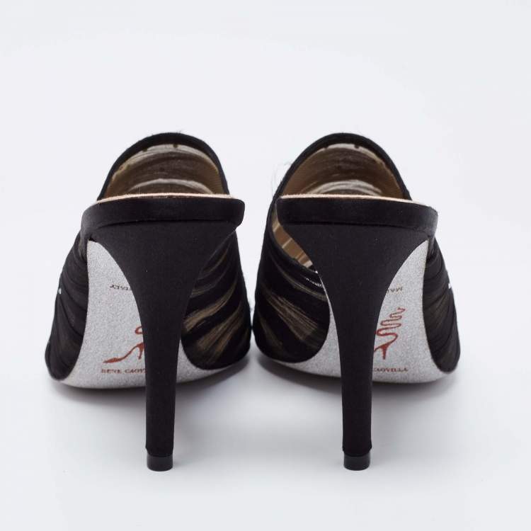 Pre Owned Rene Caovilla Black  Fabric And Mesh Chiffon Crystal Embellished Slide Sandals Size  37