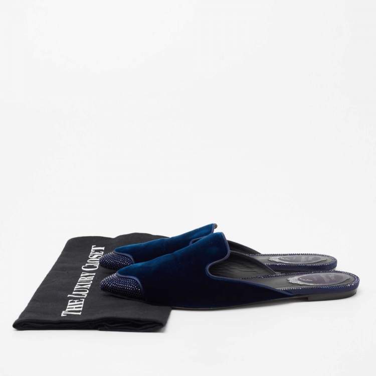 Pre Owned René Caovilla Navy Blue Velvet Crystal Embellished Pointed Toe Flat Mule Size 37