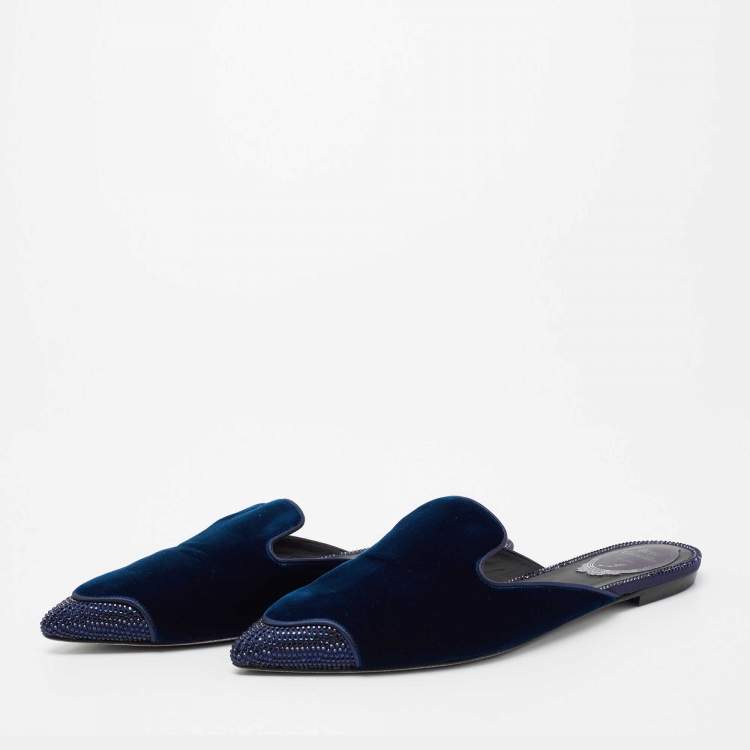 Pre Owned René Caovilla Navy Blue Velvet Crystal Embellished Pointed Toe Flat Mule Size 37