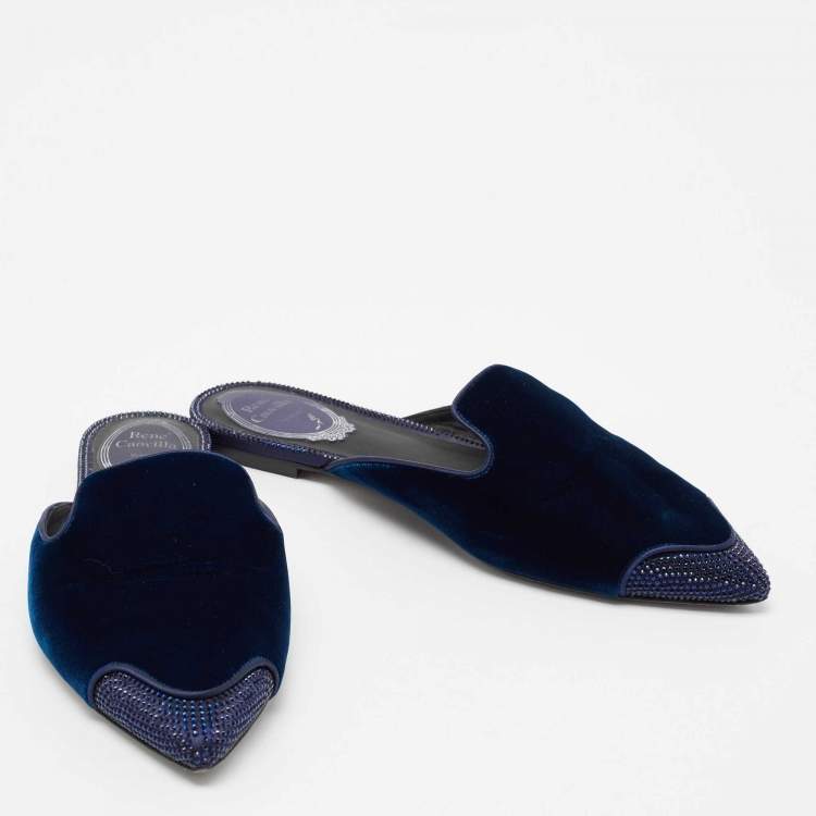 Pre Owned René Caovilla Navy Blue Velvet Crystal Embellished Pointed Toe Flat Mule Size 37