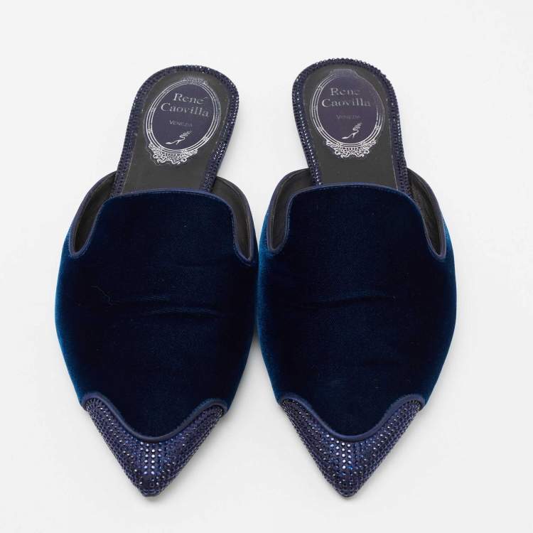 Pre Owned René Caovilla Navy Blue Velvet Crystal Embellished Pointed Toe Flat Mule Size 37