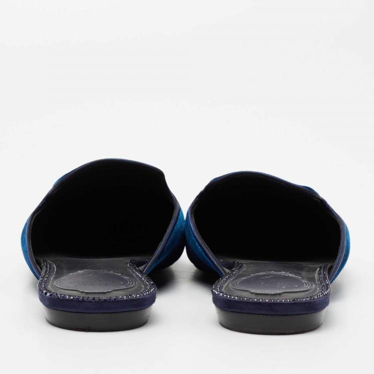 Pre Owned René Caovilla Navy Blue Velvet Crystal Embellished Pointed Toe Flat Mule Size 37