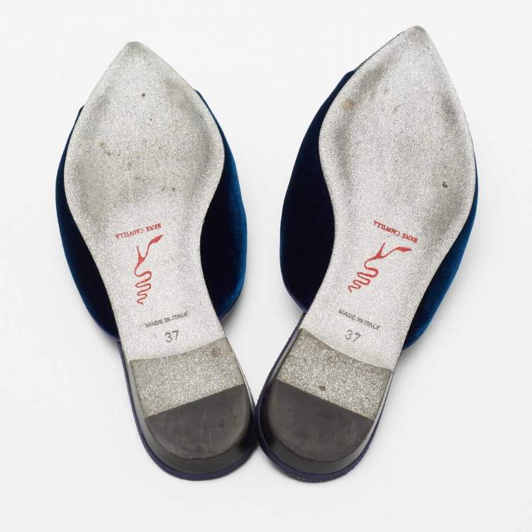 Pre Owned René Caovilla Navy Blue Velvet Crystal Embellished Pointed Toe Flat Mule Size 37