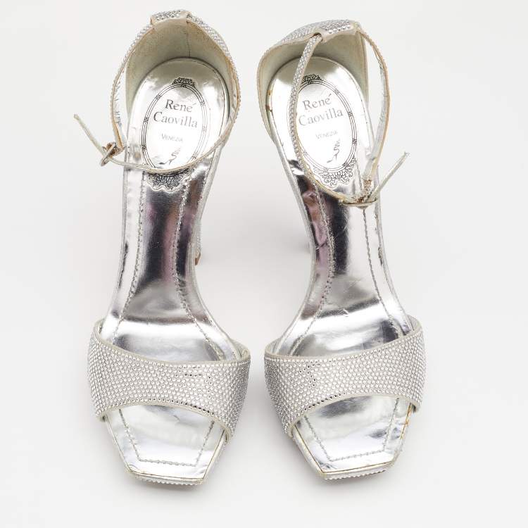 Pre Owned René Caovilla Metallic Silver Crystal Embellished Satin Ankle Strap Platform Sandals Size 37.5