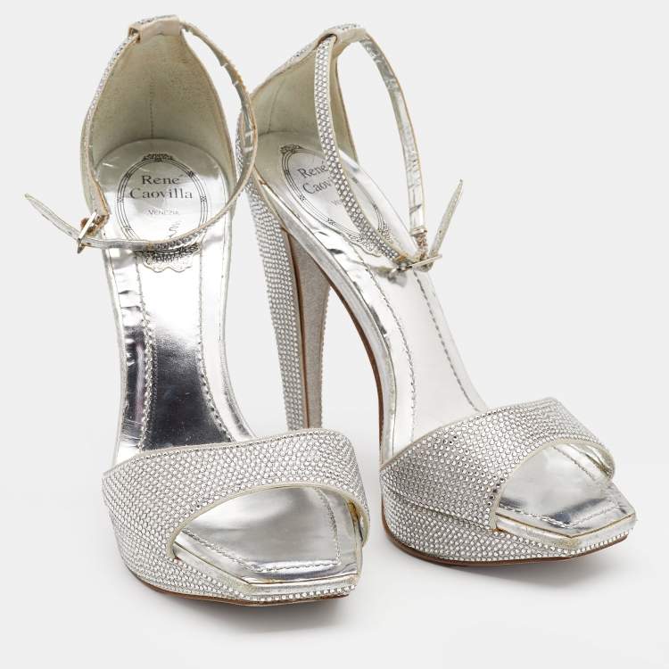 Pre Owned René Caovilla Metallic Silver Crystal Embellished Satin Ankle Strap Platform Sandals Size 37.5