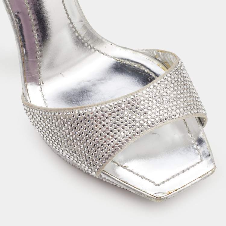 Pre Owned René Caovilla Metallic Silver Crystal Embellished Satin Ankle Strap Platform Sandals Size 37.5