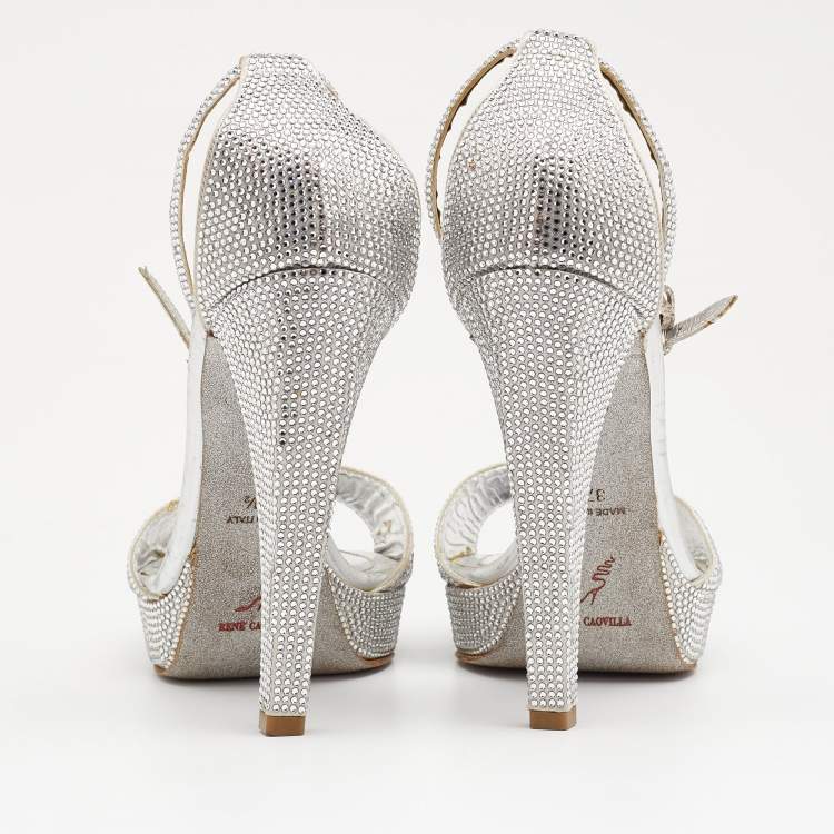 Pre Owned René Caovilla Metallic Silver Crystal Embellished Satin Ankle Strap Platform Sandals Size 37.5