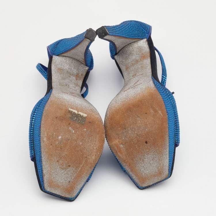 Pre Owned René Caovilla Metallic Blue Crystal Embellished Satin Ankle Strap Platform Sandals Size 37