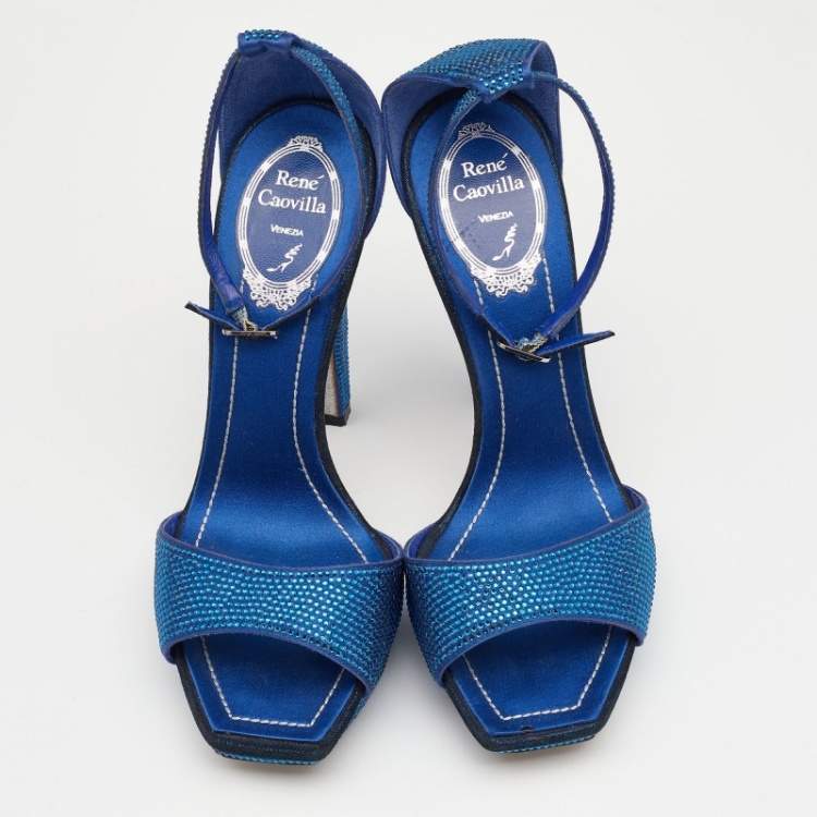 Pre Owned René Caovilla Metallic Blue Crystal Embellished Satin Ankle Strap Platform Sandals Size 37