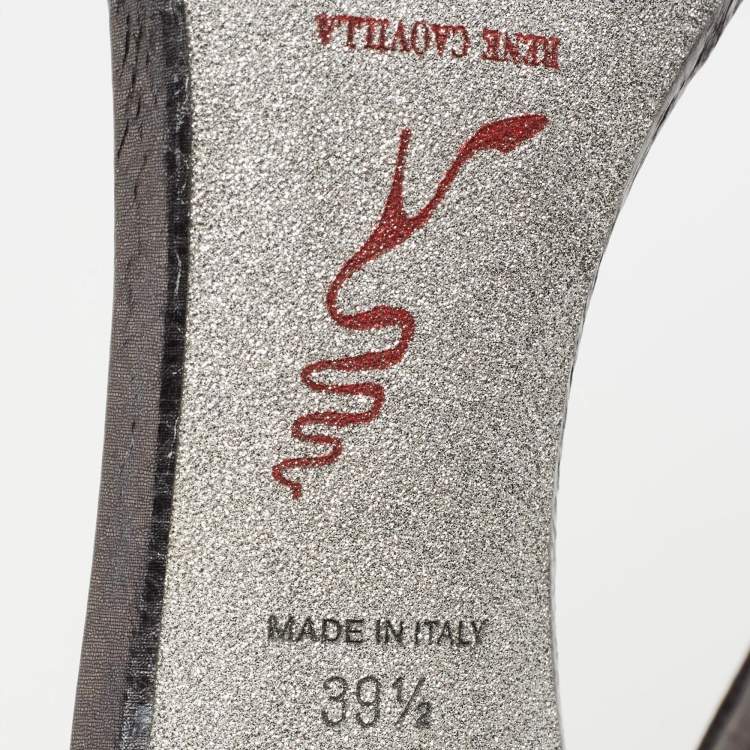 Pre Owned René Caovilla Dark Grey Leather Crystal Embellished Ankle Strap Sandals Size 39.5
