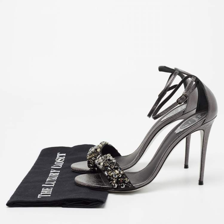 Pre Owned René Caovilla Dark Grey Leather Crystal Embellished Ankle Strap Sandals Size 39.5