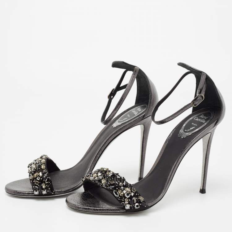 Pre Owned René Caovilla Dark Grey Leather Crystal Embellished Ankle Strap Sandals Size 39.5