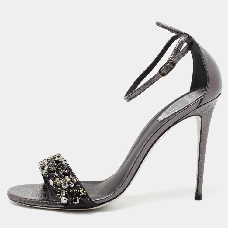 Pre Owned René Caovilla Dark Grey Leather Crystal Embellished Ankle Strap Sandals Size 39.5