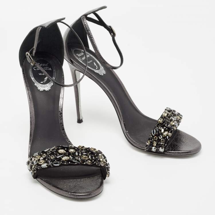 Pre Owned René Caovilla Dark Grey Leather Crystal Embellished Ankle Strap Sandals Size 39.5