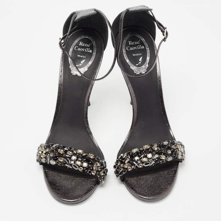 Pre Owned René Caovilla Dark Grey Leather Crystal Embellished Ankle Strap Sandals Size 39.5