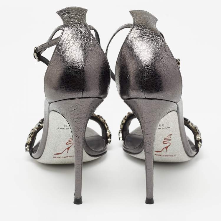 Pre Owned René Caovilla Dark Grey Leather Crystal Embellished Ankle Strap Sandals Size 39.5