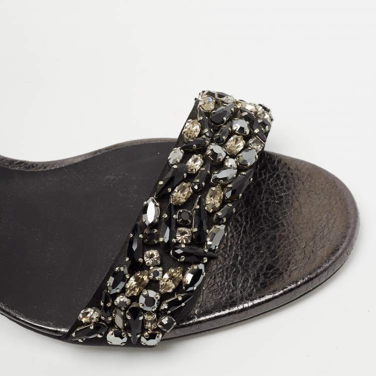 Pre Owned René Caovilla Dark Grey Leather Crystal Embellished Ankle Strap Sandals Size 39.5