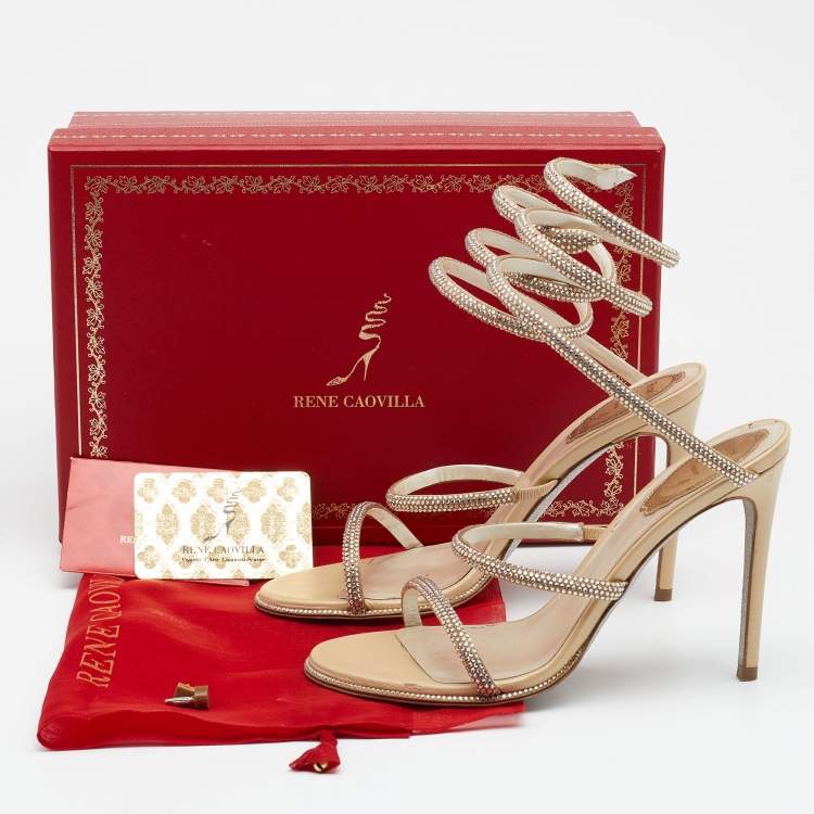 Pre Owned René Caovilla Metallic Gold Satin Cleo Crystal Embellished Sandals Size 37