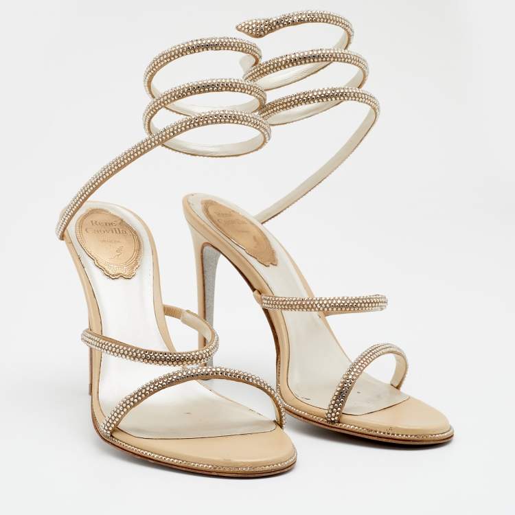 Pre Owned René Caovilla Metallic Gold Satin Cleo Crystal Embellished Sandals Size 37