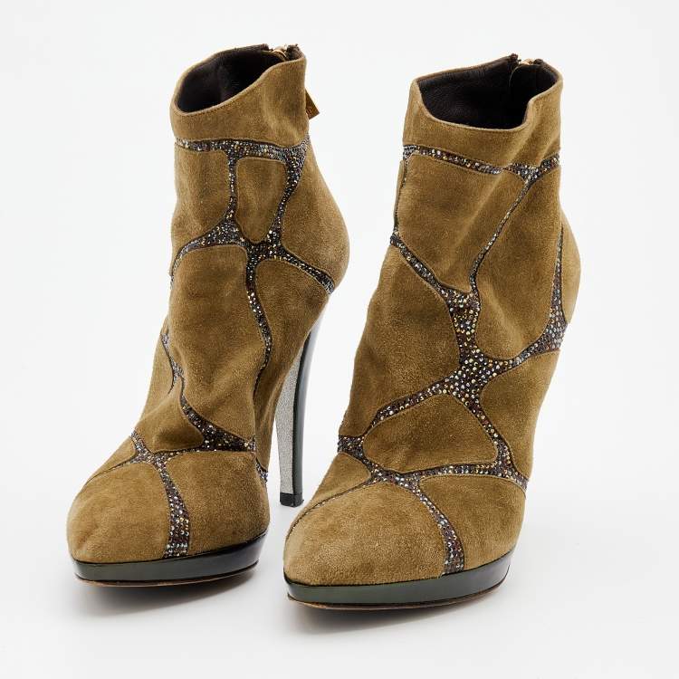 René Caovilla Khaki Green Suede Crystal Embellished Ankle Boots