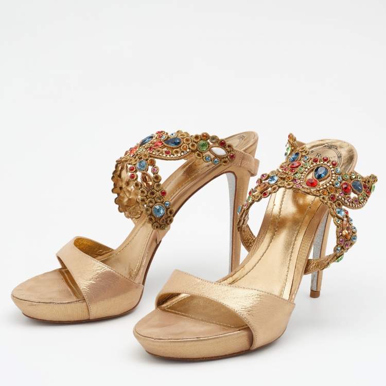 Pre Owned René Caovilla Metallic Beige Nubuck Leather Embellished Platform Slingback Sandals Size 40