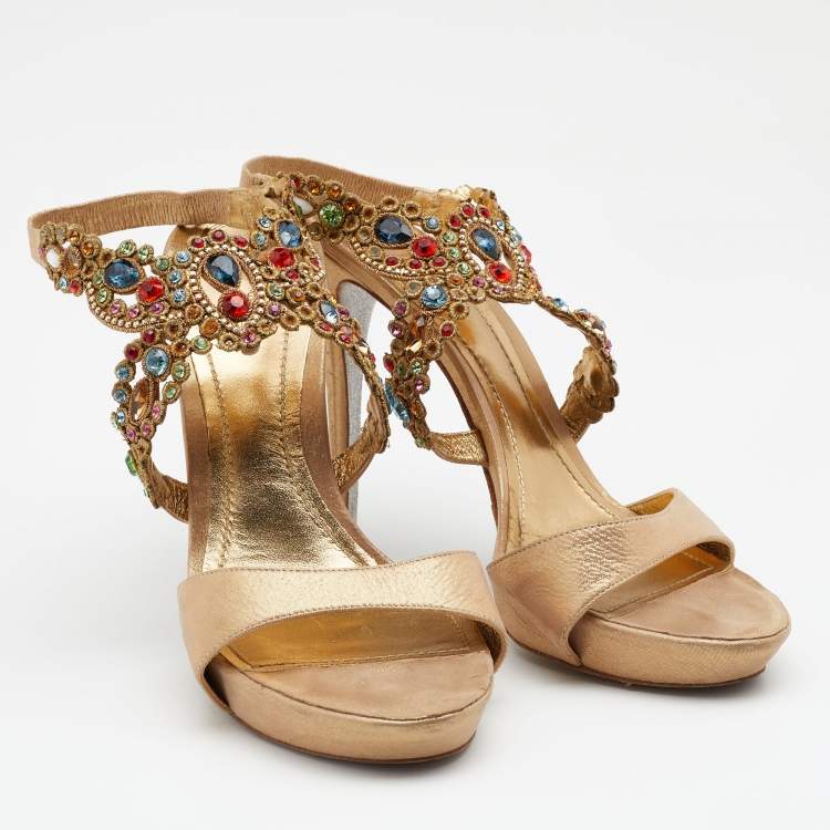 Pre Owned René Caovilla Metallic Beige Nubuck Leather Embellished Platform Slingback Sandals Size 40