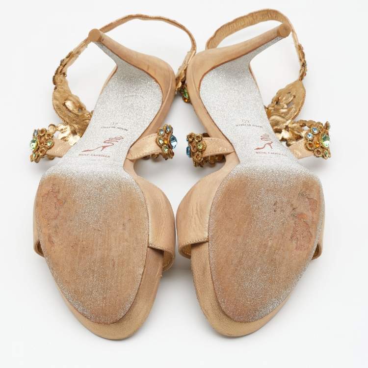 Pre Owned René Caovilla Metallic Beige Nubuck Leather Embellished Platform Slingback Sandals Size 40