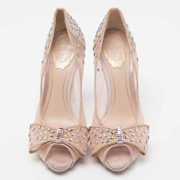 Pre Owned René Caovilla Light Pink Mesh and Shimmer Suede Star Embellished Bow Peep-Toe Pumps Size 38
