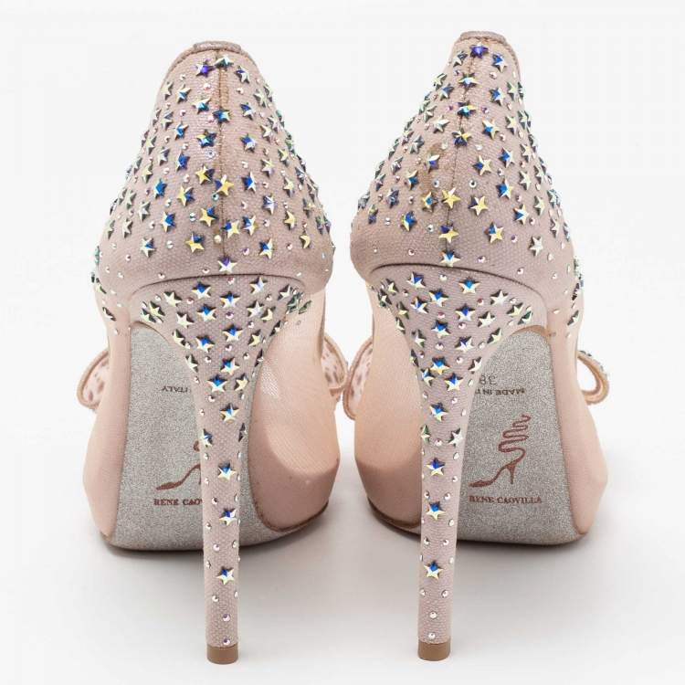 Pre Owned René Caovilla Light Pink Mesh and Shimmer Suede Star Embellished Bow Peep-Toe Pumps Size 38