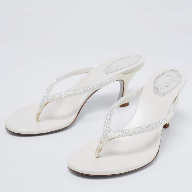 Pre Owned René Caovilla Off-White Satin Crystal Embellished Thong Sandals Size 38