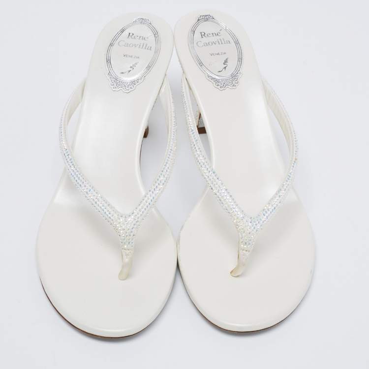 Pre Owned René Caovilla Off-White Satin Crystal Embellished Thong Sandals Size 38