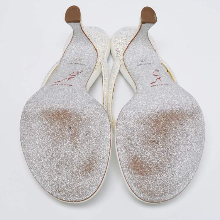 Pre Owned René Caovilla Off-White Satin Crystal Embellished Thong Sandals Size 38