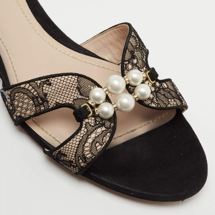 Pre Owned René Caovilla Black Lace Faux Pearl Embellished Flat Slides Size 40