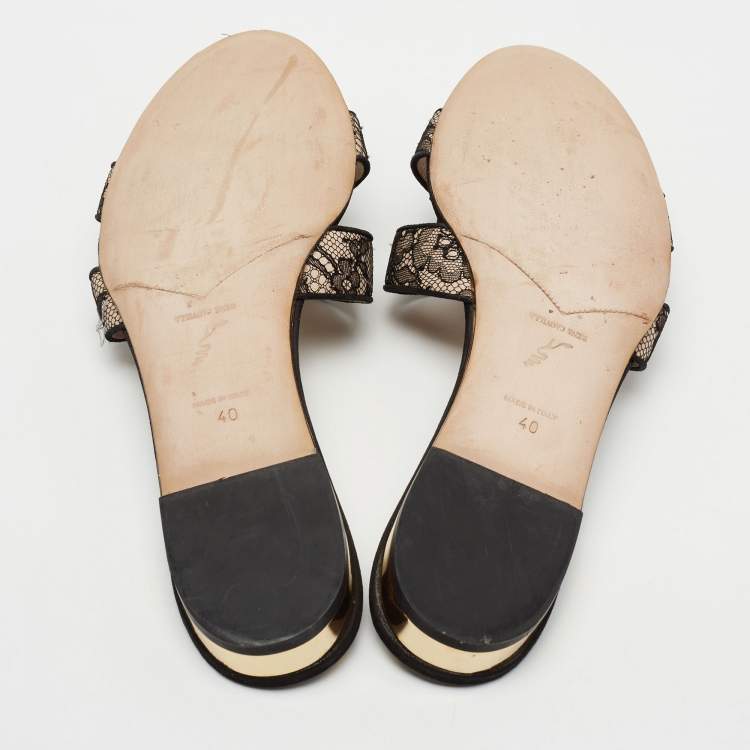 Pre Owned René Caovilla Black Lace Faux Pearl Embellished Flat Slides Size 40