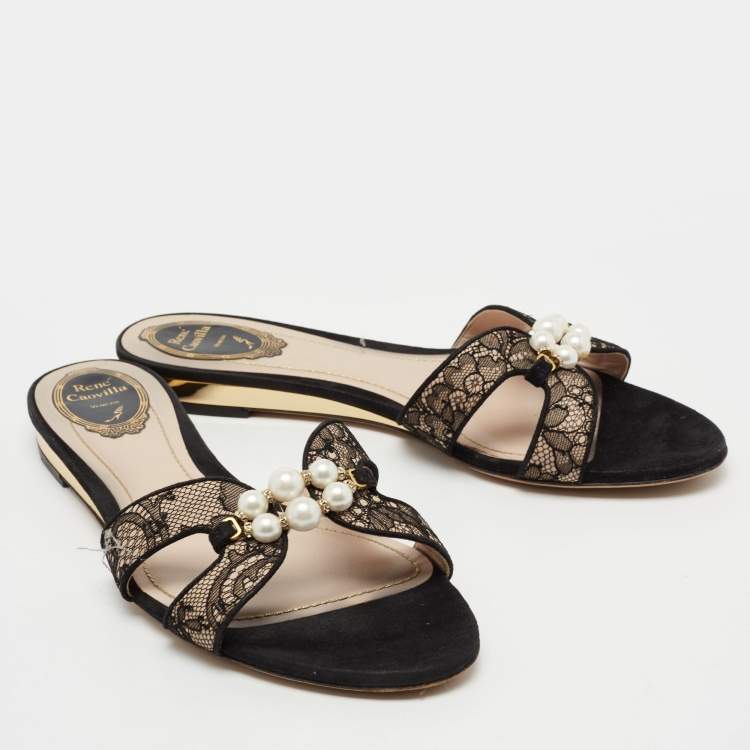 Pre Owned René Caovilla Black Lace Faux Pearl Embellished Flat Slides Size 40